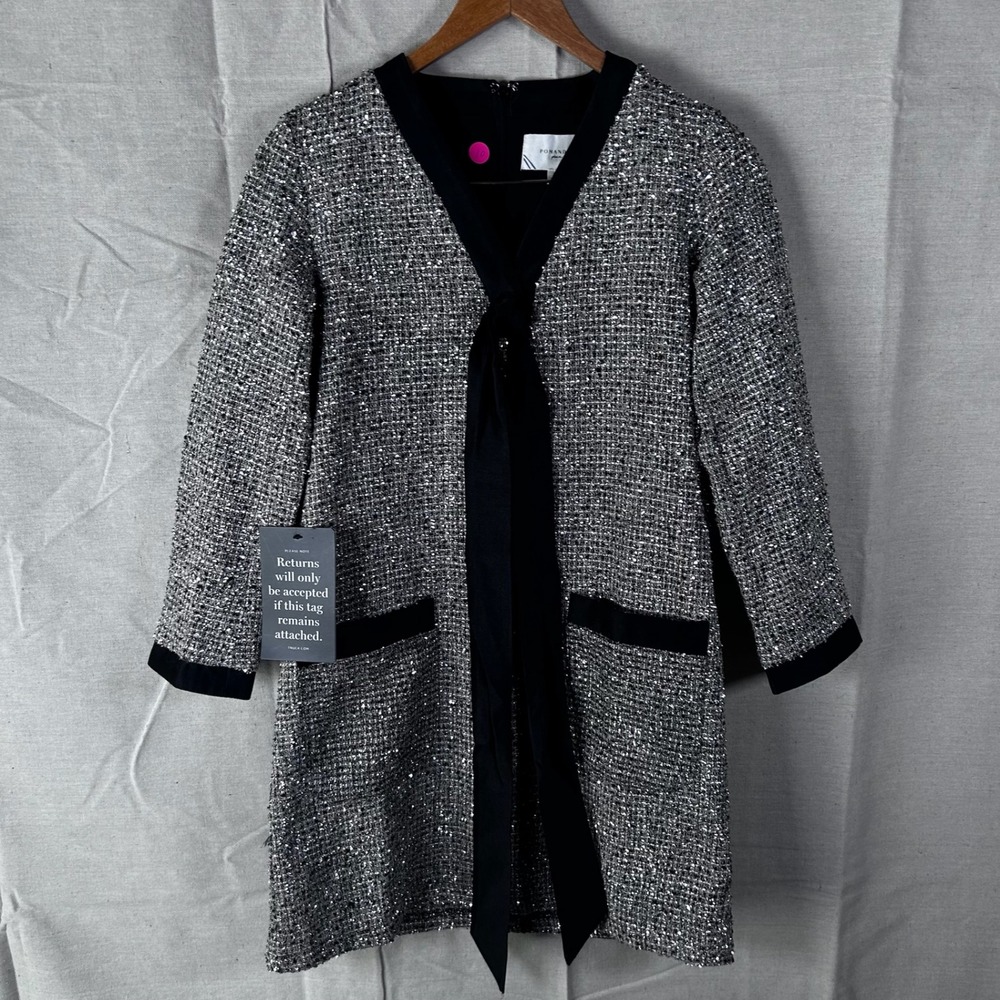Pomander Place NWT XS‎ Metallic Silver Tweed Tie Neck Dress Black Trim Mini
